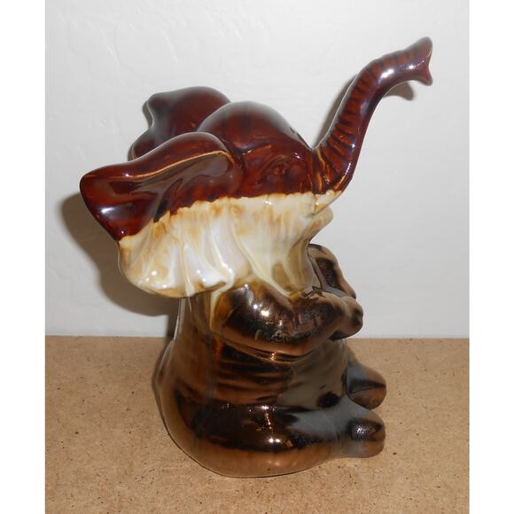 Elephant Ceramic Brown Elephant Sitting With Trunk Up - Picture 9 of 12